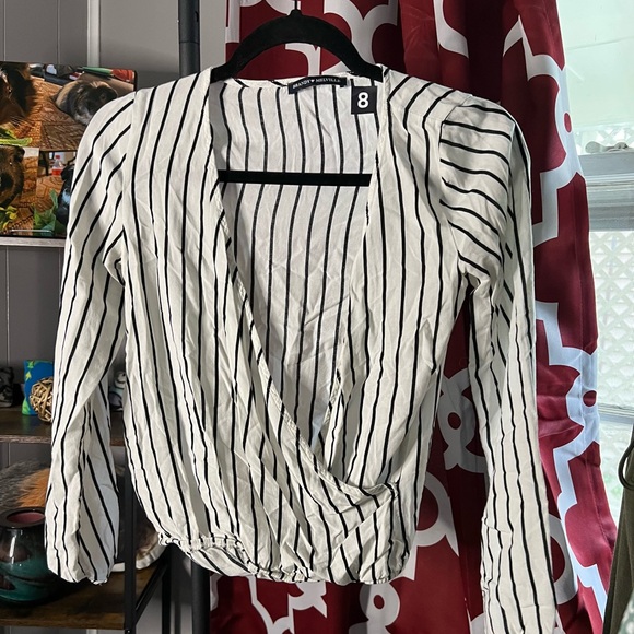Brandy Melville Black and White Striped Blouse With Faux Wrap Style - Picture 1 of 4